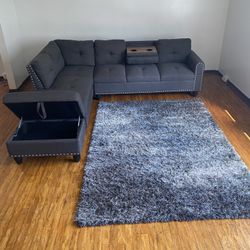 Contemporary 97.5” wide 3-Piece Sectional Sofa + Shag Rug Excellent Condition!!