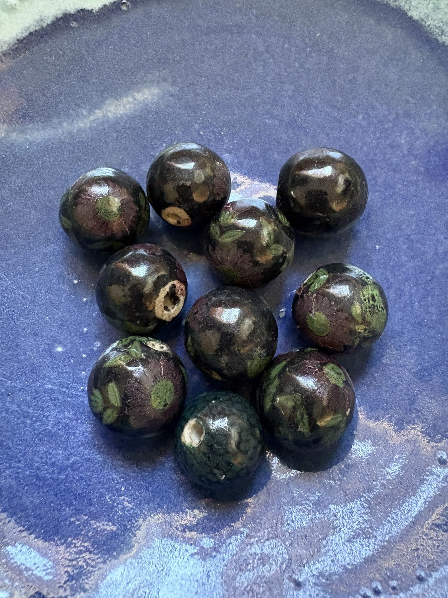 Black & Purple Floral Porcelain Beads Large Hole 4 mm/16–18 mm Round (Lot of 10)