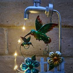 Metal Hummingbird With Faucet Flashing Solar Stake Yard Art Home Decor, 36" H