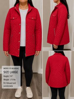 London Retro Red Quilted Jacket | Size Large | Lightweight Snap & Zip Coat