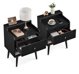 Nightstands, Set of 2, Bedside Tables with Hidden Drawers, Mid-Century End Side Tables with Solid Wood Legs, for Bedroom, Ebony Black ULET624B01