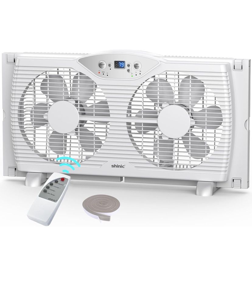 SHINIC Twin Window Fan, 9-Inch Blades Reversible Airflow, Thermostat Control, 3 Speeds, 23.8"-37" Expandable Width, Window Exchaust Fans for Home Bedr