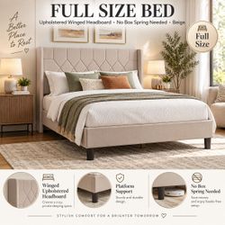 FULL SIZE BED WINGED HEADBOARD. NO BOXSPRING NEEDED. BEIGE COLOR