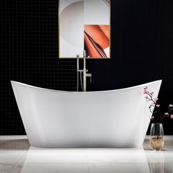 B0010-B/N-Drain&O WOODBRIDGE 67" Acrylic Freestanding Bathtub Contemporary Soaking Tub with Brushed Nickel Overflow and Drain,White Tub