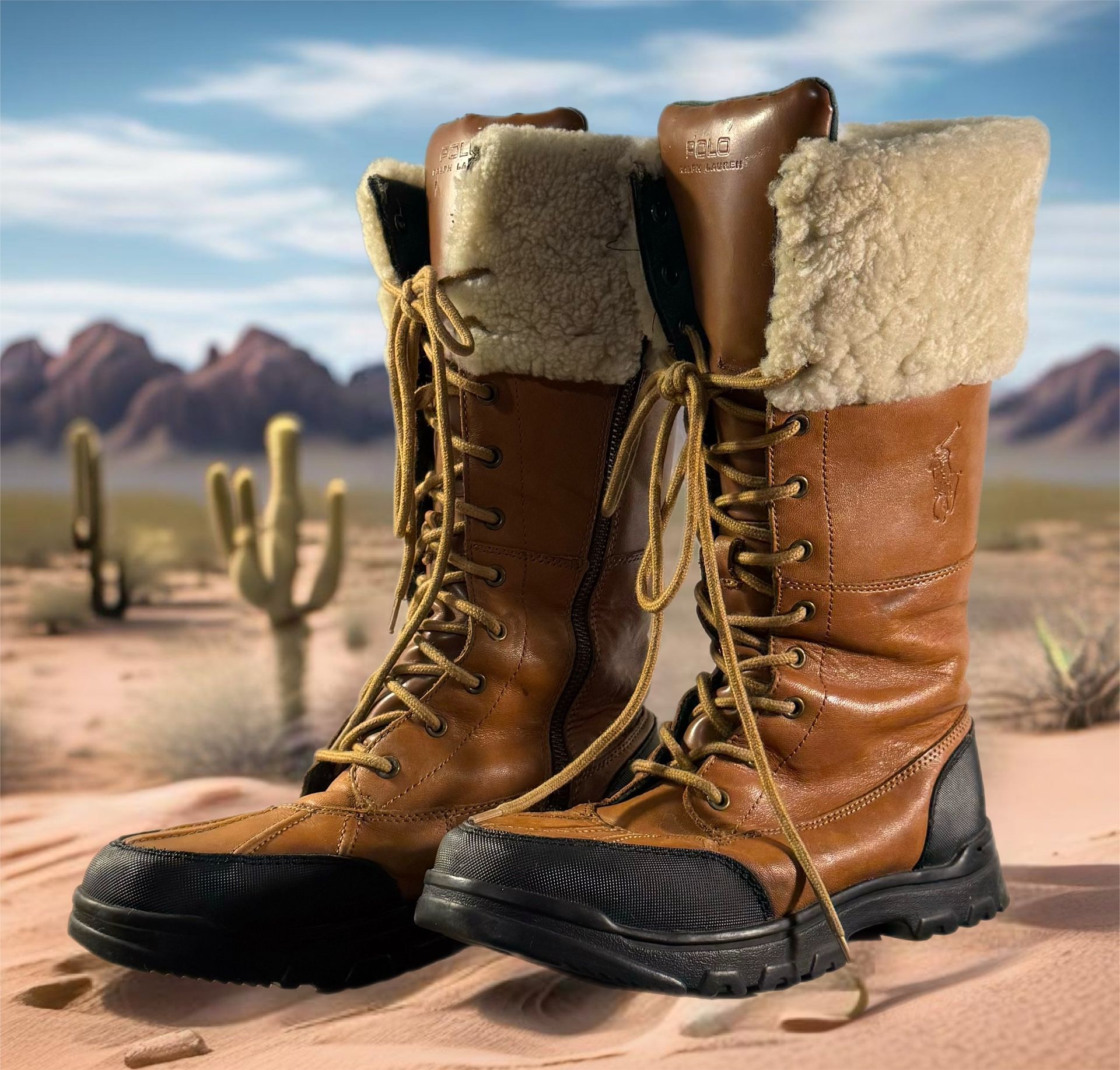 Polo Ralph Lauren Women’s Leather Boots Sherling Sz 6 Tan Black Tall Logo EUC