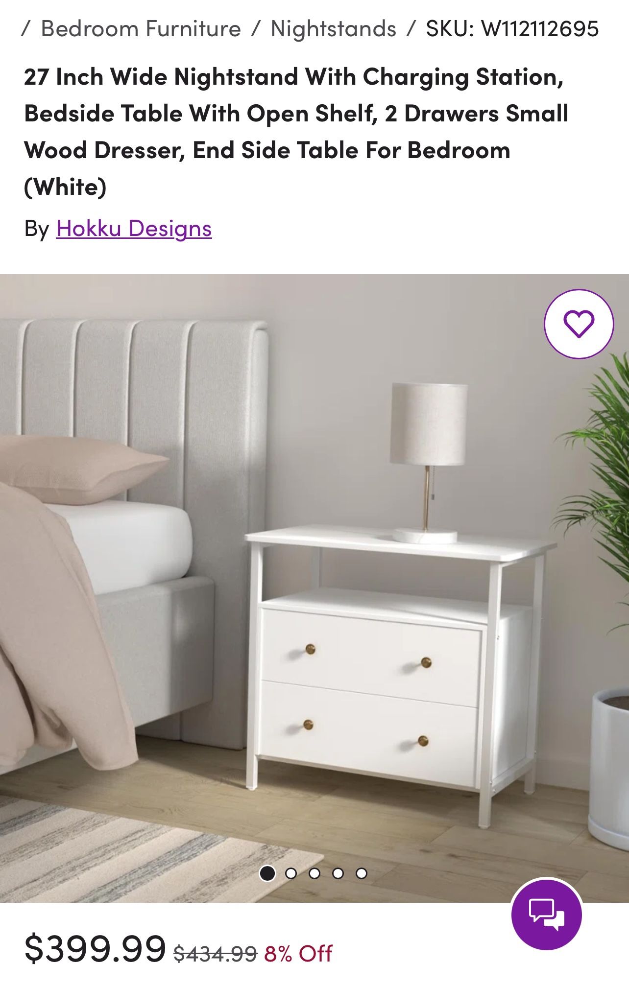 27 Inch Wide Nightstand With Charging Station, Bedside Table With Open Shelf, 2 Drawers Small Wood Dresser, End Side Table For Bedroom (White)