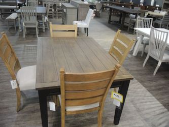 Rustic Two-Tone Rectangular Dining Table with 4 Ladder-Back Chairs