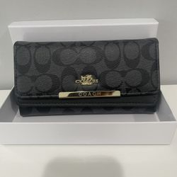 Coach Signature Black Canvas Wallet with Gold Bar Logo