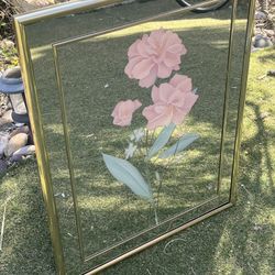 Vintage 1980's Etched Flower Art Mirror w/ Gold Trim 28.5" tall