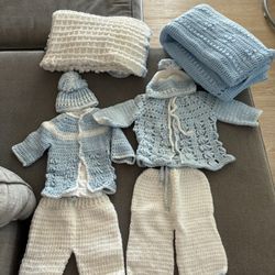 Hand Knitted Baby Clothes And 2 Blankets 