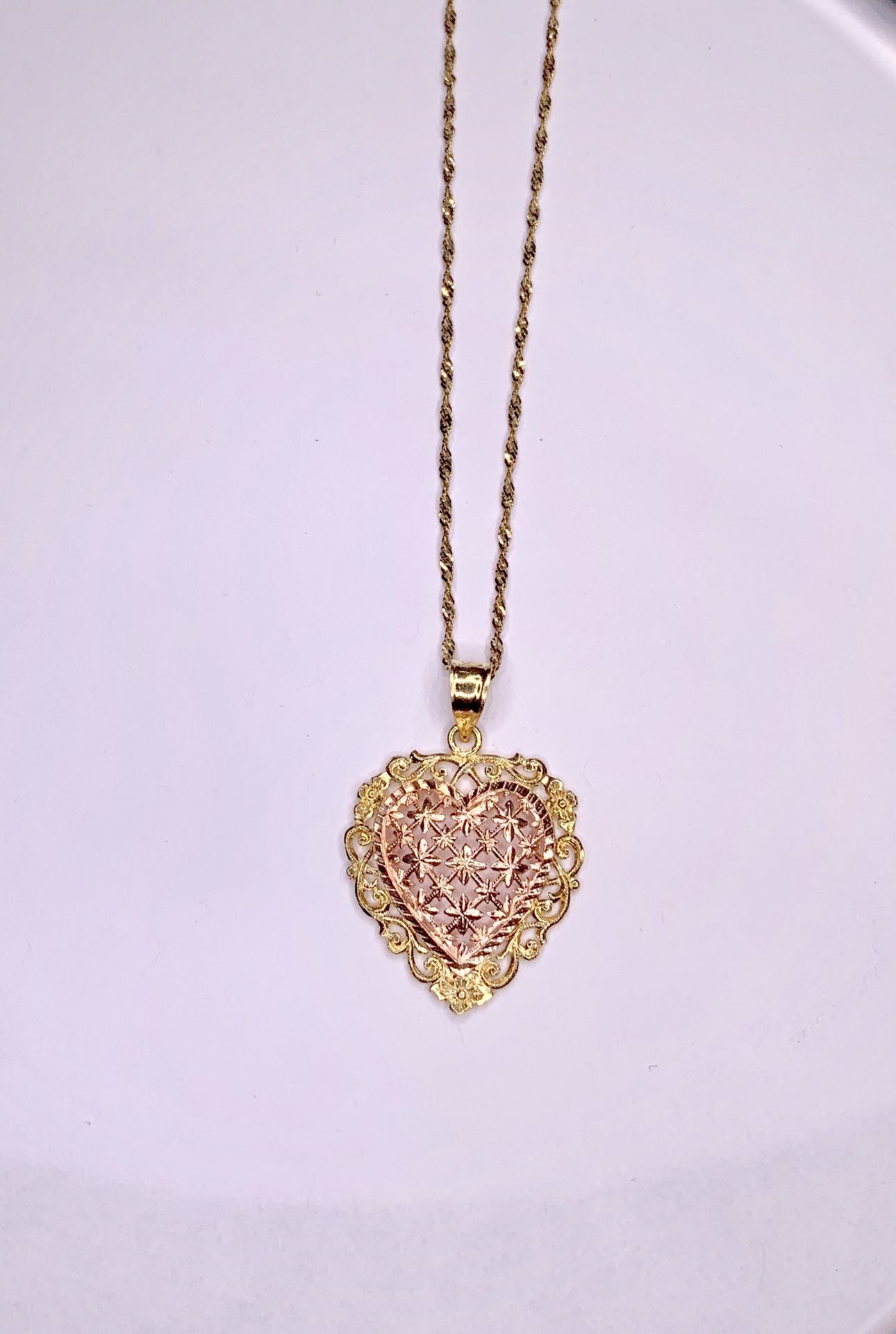 14K Two Tone Gold Heart Pendant Set With Chain