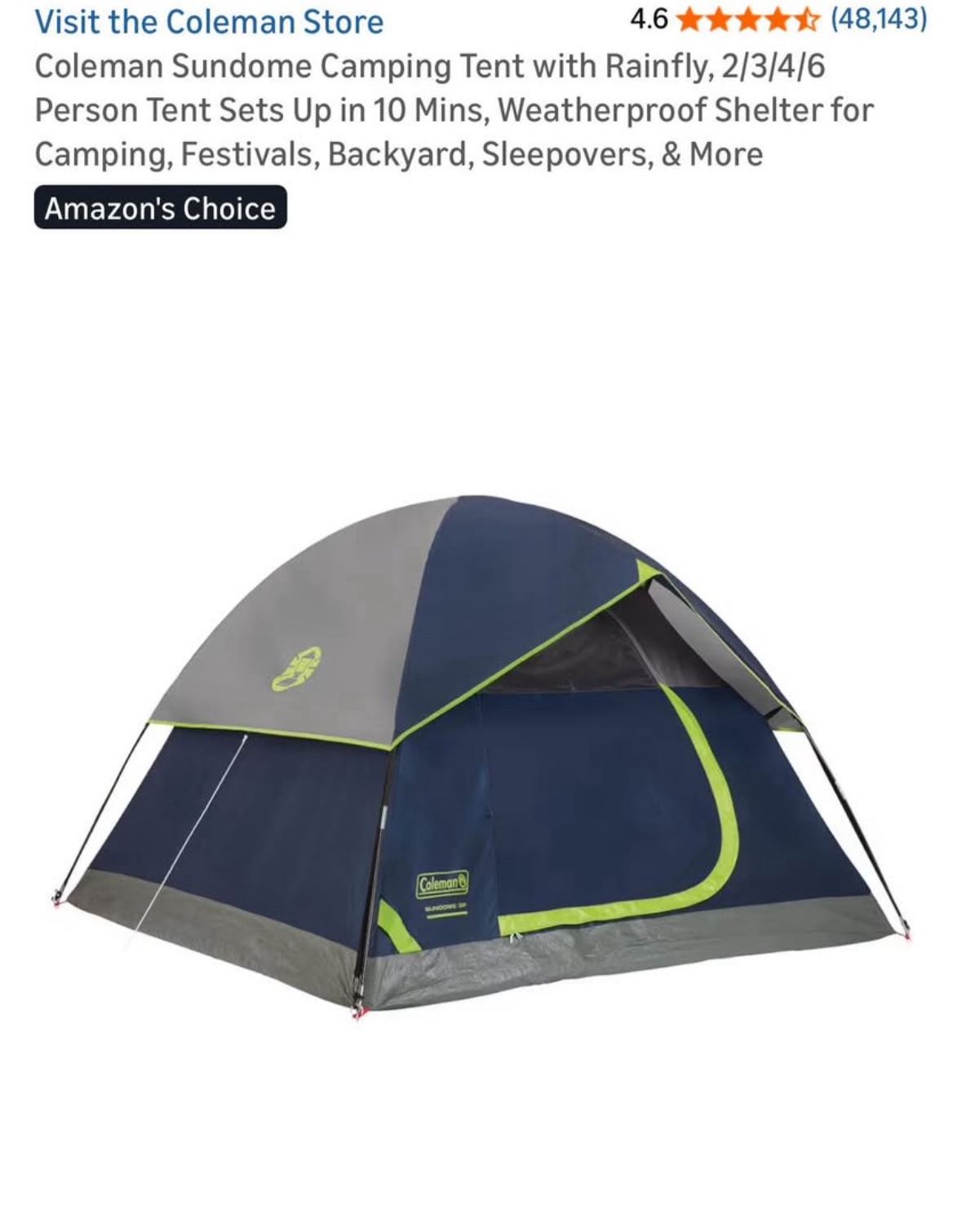 Coleman Sundome 3 Person Tent New In Box 