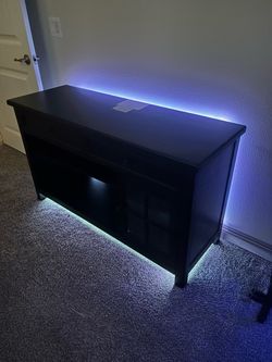 Black Wood TV Stand Media Console with Drawers, Glass Cabinet & LED Lights.