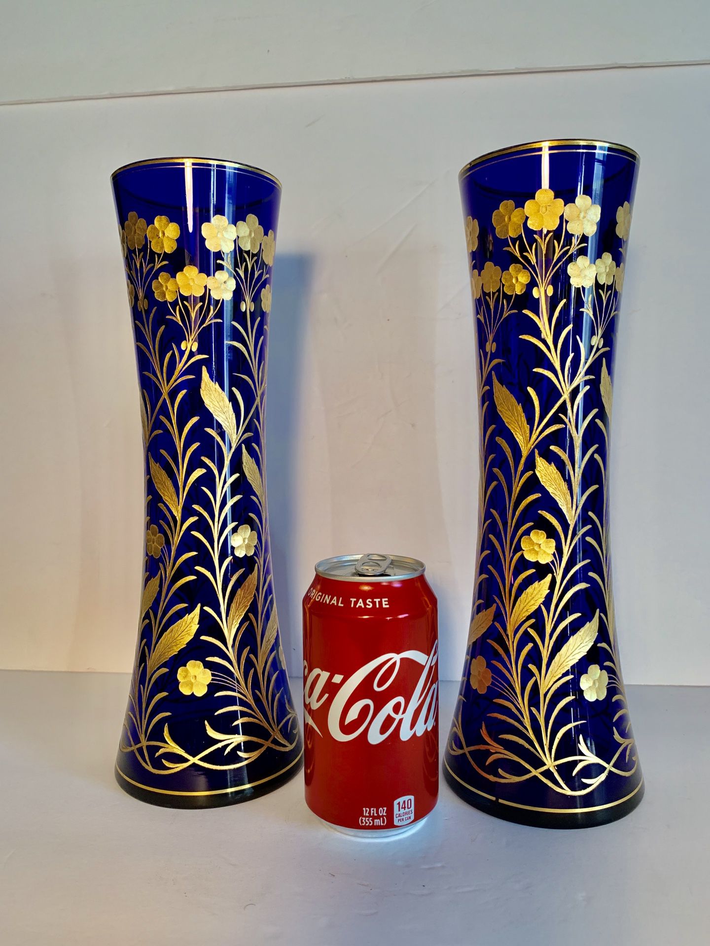BOHEMIA GLASS Vintage Czech Cobalt-Blue/Gold Handpainted Floral Bud Vases (Set of 2)