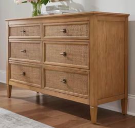 Patina Wood Finish 6-Drawer Rattan Cane Dresser (54 in. W x 36 in. H)