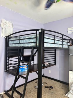 Black Metal Loft Bed with Desk and Ladder (mattress included)