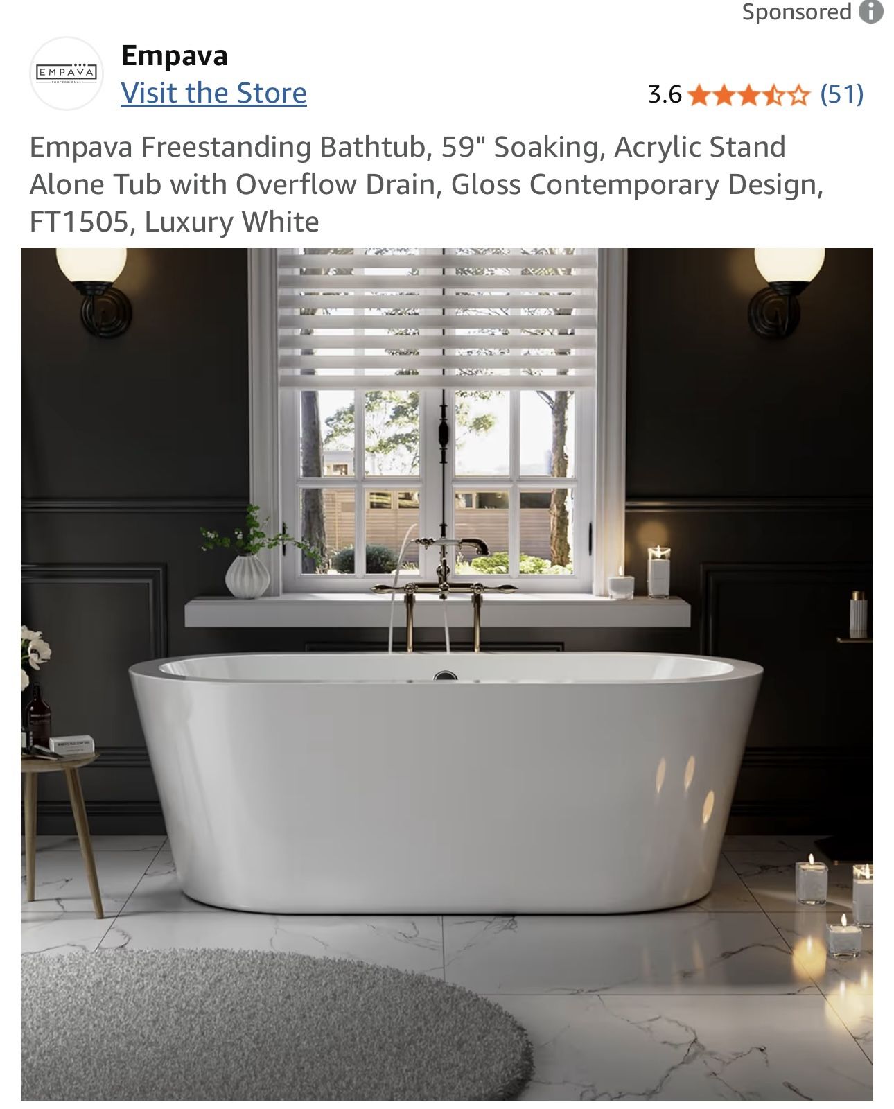 Empava Freestanding Bathtub, 59" Soaking, Acrylic Stand Alone Tub with Overflow Drain, Gloss Contemporary Design, FT