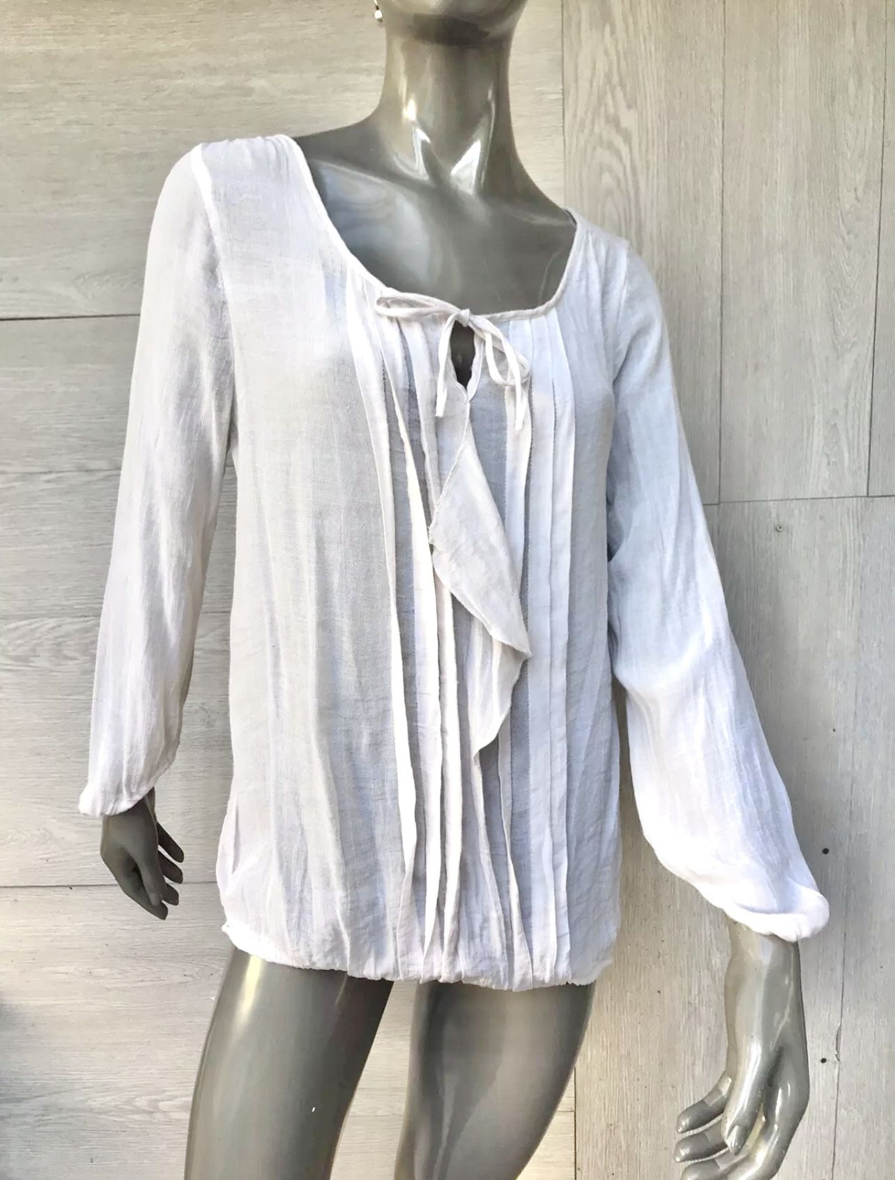 Antilia Femme Women's Beige Viscose Blend Blouse Tunic Top Tie Neck Pleated Front Long Sleeve