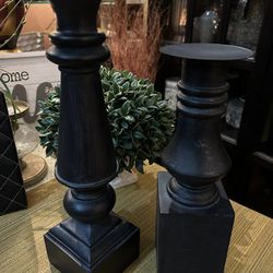 Pair Of Farmhouse Distressed Finish Black Candle Holders
