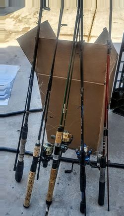 5 fishing poles, 2 sleeping bags, tent, 2 Coleman lanterns, 5 tackle boxes, coca cola ice chest