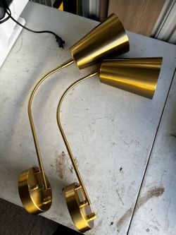 Pair of Brass Gold Plug-In Wall Sconces Adjustable Gooseneck Reading Lamps
