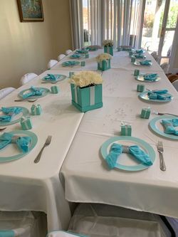 Breakfast at Tiffany’s Party Items, chair covers, napkin rings, napkins, gems, chair sashes
