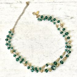 2028 Green Beaded Gold Tone Double Strand Necklace 