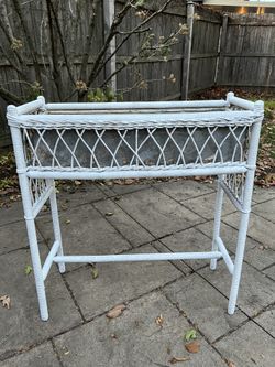 Vintage Rattan White Wicker Planter Stand with Metal Liner