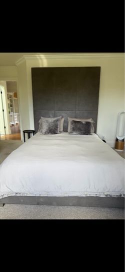 Restoration Hardware Grey Leather Upholstered Queen Bed