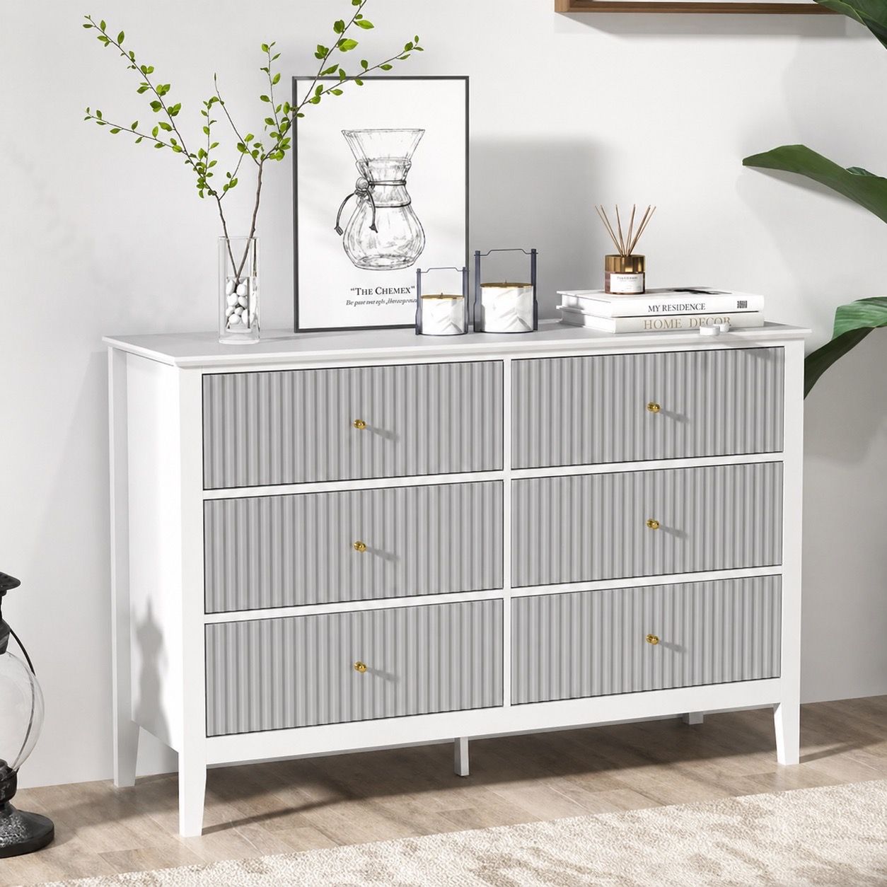 White Dresser for Bedroom, 6 Drawers Fluted Chest of Drawers with Storage, Modern Wide Storage Dresser with Paint Design, Wood Drawer Organizer White