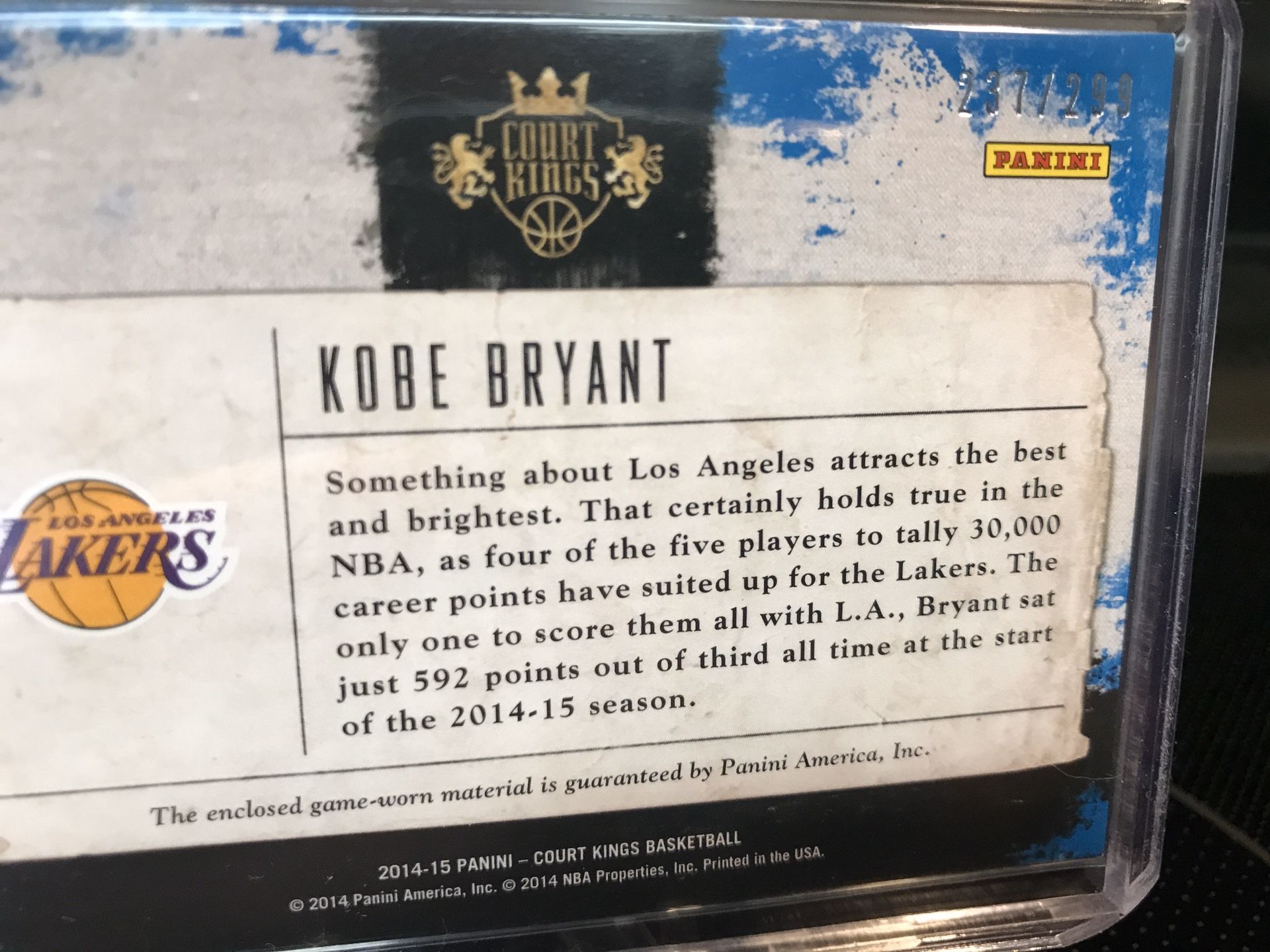 Panini Court Kings Kobe Bryant Jersey NBA Basketball Card GAME