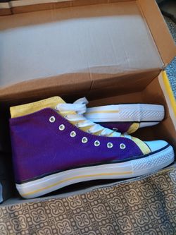 Purple and Yellow High-Top Canvas Sneakers