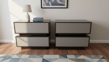 $500 for both! Two Millie Nightstands by Belle Meade Signature. Soft close push drawers, some cosmetic wear on finish. High quality chests. Retail $3,
