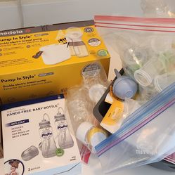 Breast Pump and Assorted Bottle/Breast Millk Bag Items Including travel drying rack