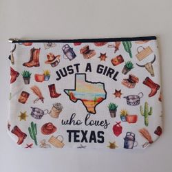 Just A Texas Girl Who Loves Texas Canvas Make Up Bag New