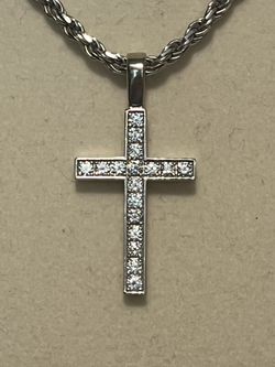 Lab Grown VS  Diamond White Gold Cross Pendant- Silver Rope 925 Necklace Included