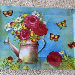 Sue Zipkin Serving Tray Flowers And Butterfly Design Melamine By Merritt 17" X 11.5