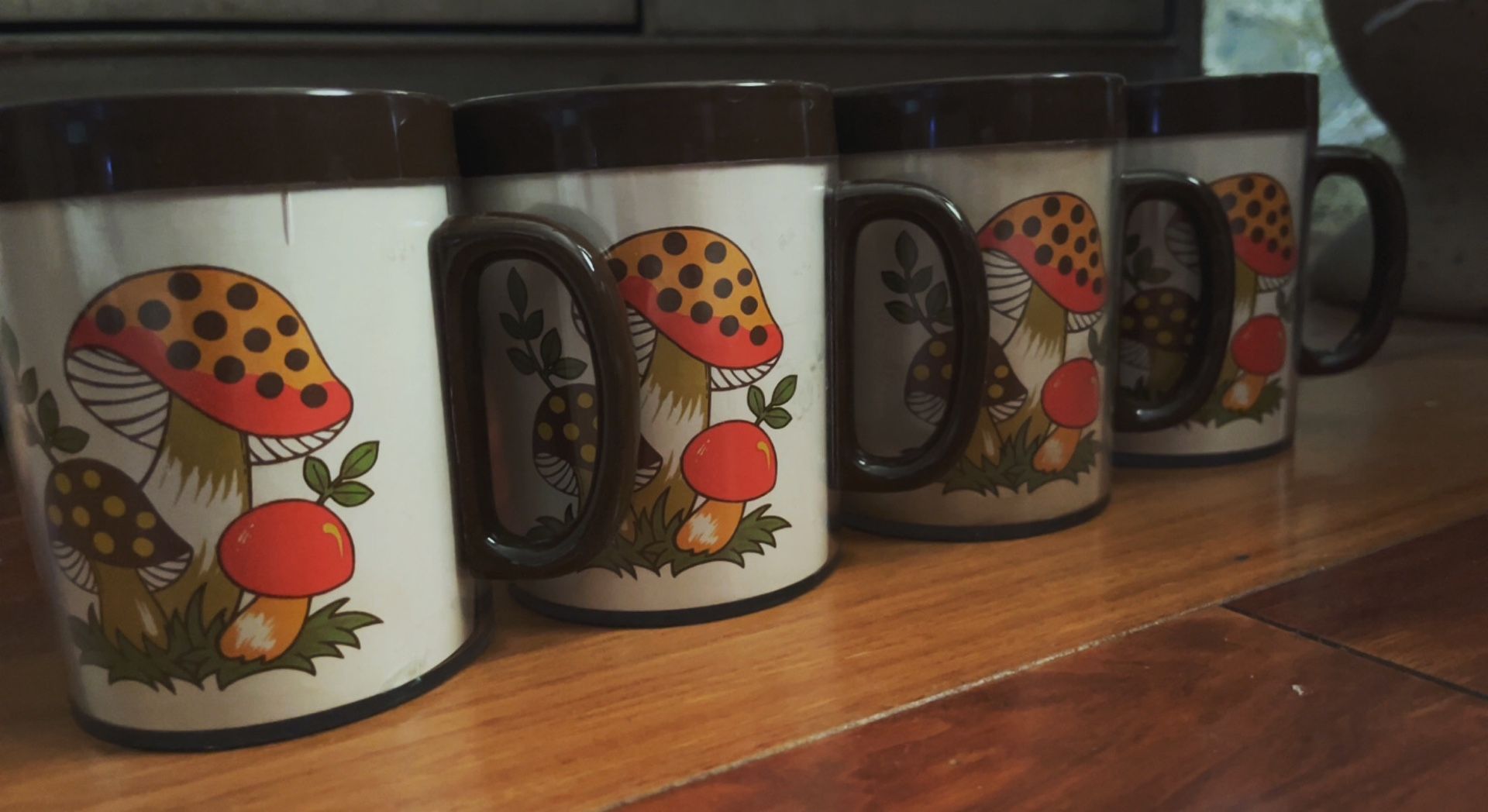 S/4 vintage Mushroom Thermo Serv Coffee Mugs Insulated