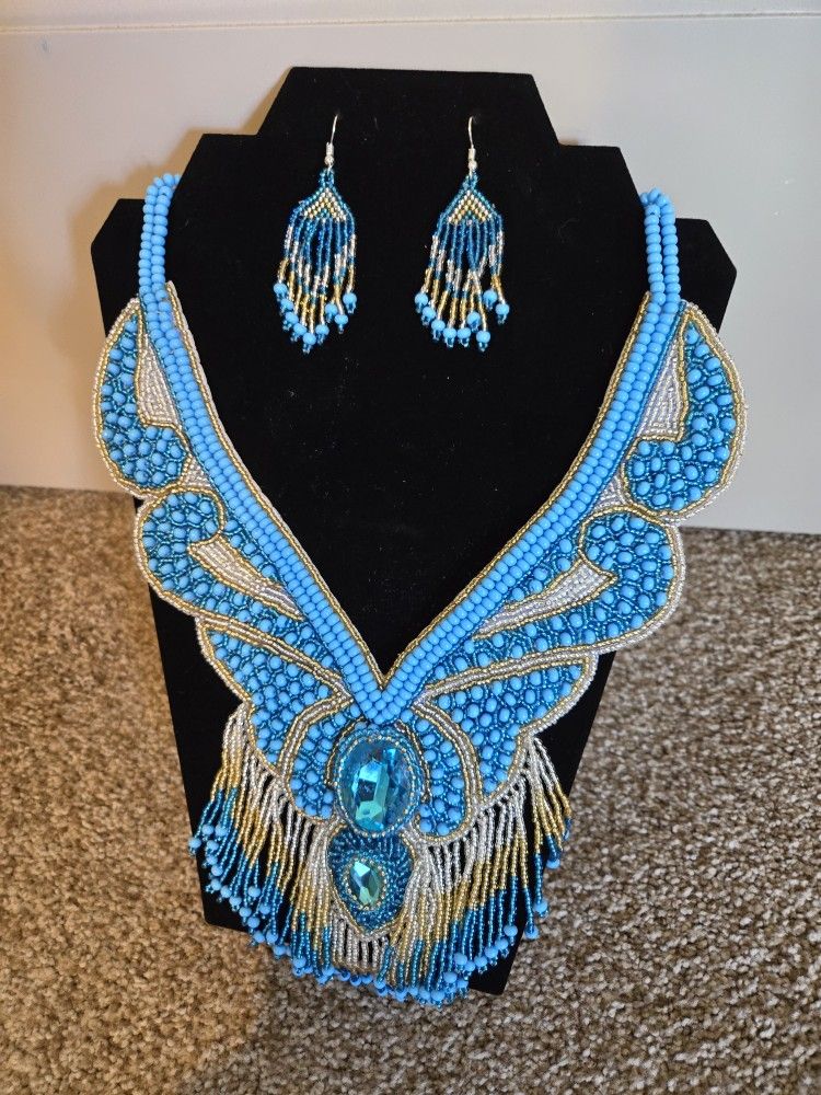 Handmade Beaded Turquoise Blue/gold Native Style Bib Necklace And Earrings Set