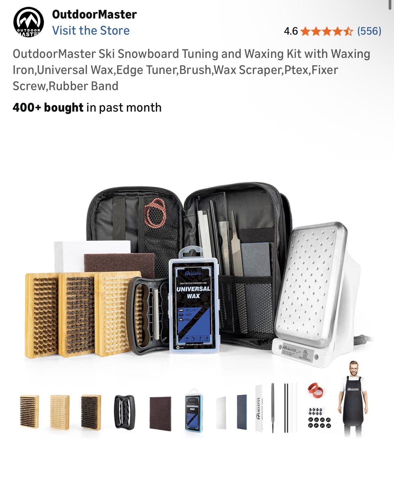 OutdoorMaster Ski Snowboard Tuning and Waxing Kit with Waxing Iron,Universal Wax,Edge Tuner,Brush,Wax Scraper,Ptex,Fixer Screw,Rubber Band