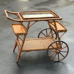 Bar Cart Ratan Wicker Vintage Coffee 2 Tier Removable Glass Garden Tray Wood