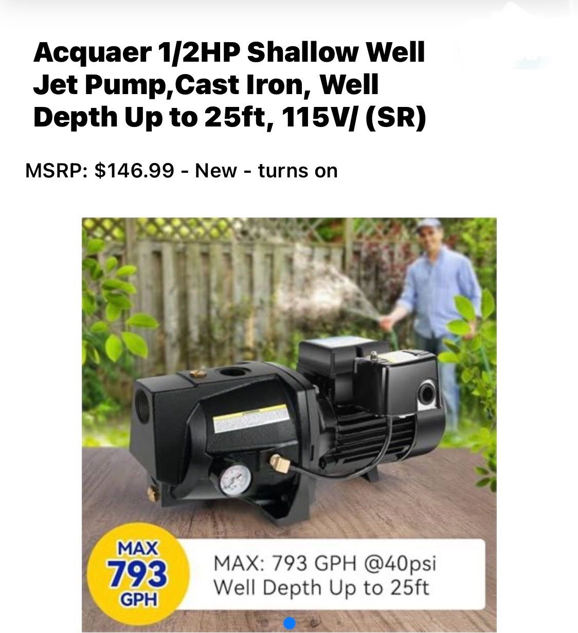 Acquaer 1/2HP Shallow Well Jet Pump, Cast Iron, Well Depth Up to 25ft, 115V/ (SR)