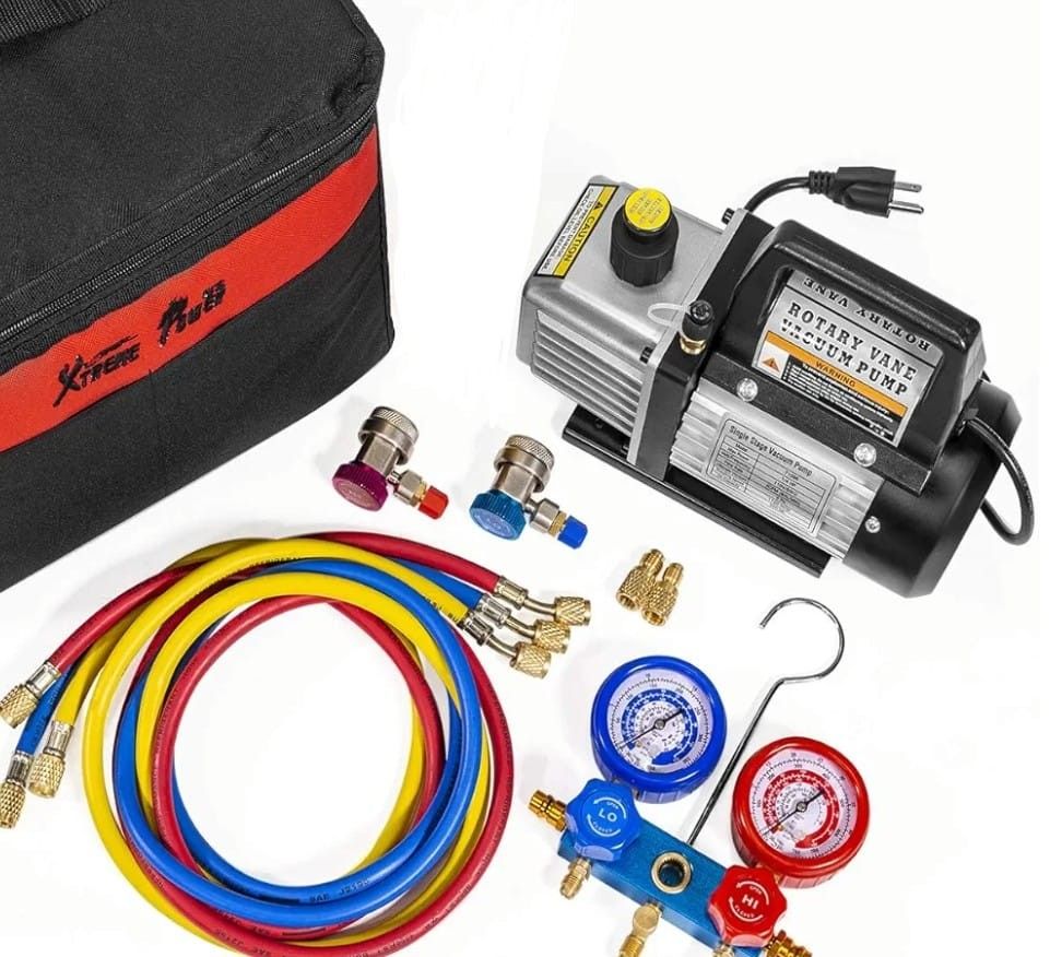 HVAC Air Vacuum Pump 3CFM 1/4HP (R134a R12 R22 R410a) A/C Refrigeration AC Manifold Gauge R134 Can-Tap Included Carrying Tote