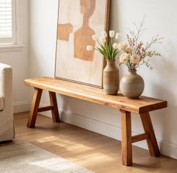 63" Narrow Entryway Bench Farmhouse Wood End of Bed Bench ,Sturdy Stable Skinny Long Benchs ,Natural Finish