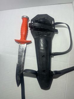 AMF Swimaster Dive Knife, Serrated, Stainless Steel, Orange Handle, Black Sheath