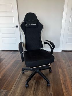 GTPLAYER Gaming Chair – Black & Grey Fabric | Footrest + Neck Pillow