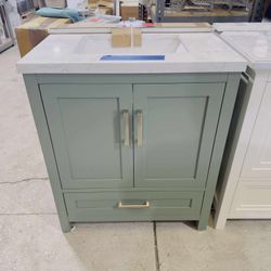 30 in Single Sink Bath Vanity in Sage Green with Vanity Top in White  $475 