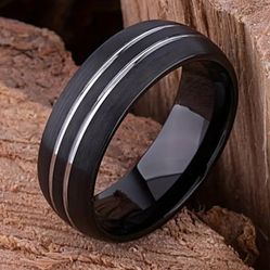Men's 8mm Tungsten Carbide Black W/Grooved Dual Silver Strips Comfort-Fit Engagement Wedding Band 11