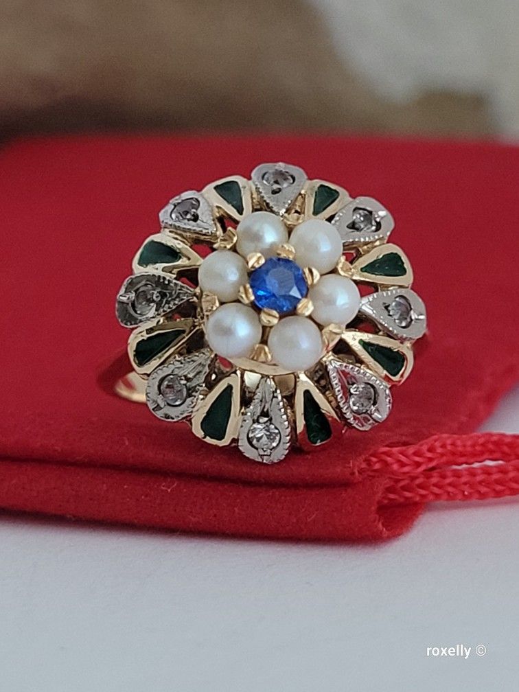 ⛔️RESERVED⛔️Size 4.5 Victorian Solid Yellow Gold Carnival Circus Pearl Blue Sapphire Enamel Art-Deco Ring! 👌🎁