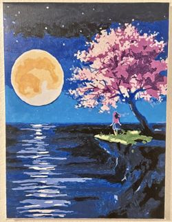 Moon Beach Handmade Framed Canvas Painting (12x16 inches)
